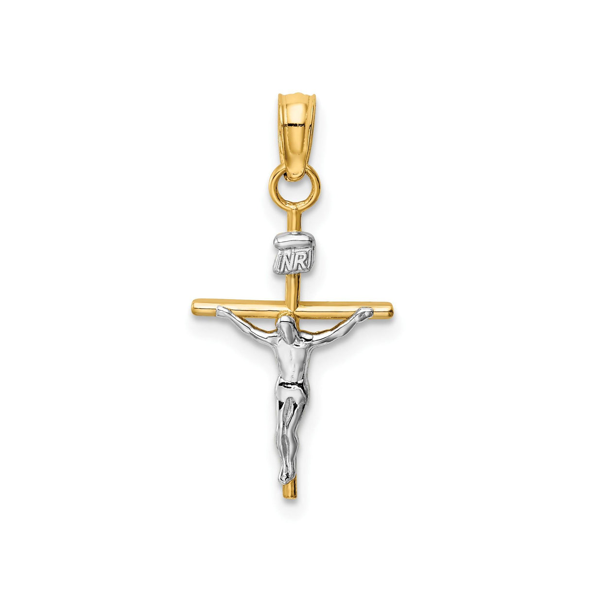 14k Two-Tone Gold Crucifix Pendant Featuring Jesus on Cross, Latin Christian Symbol