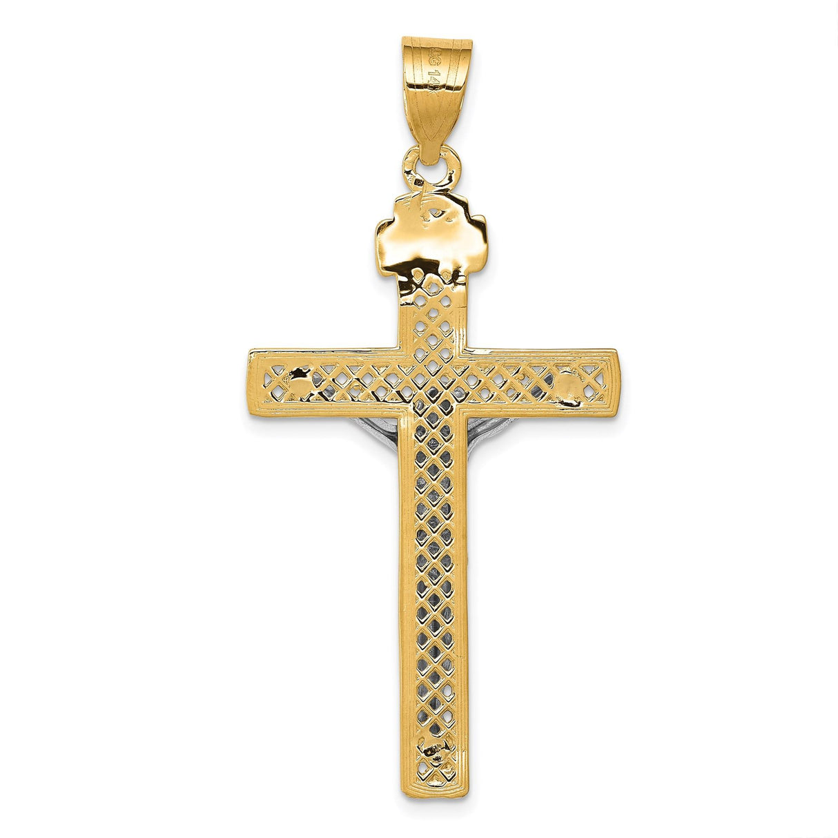 14k Two-Tone Gold Latin Crucifix Pendant with INRI, Textured Christian Cross Charm