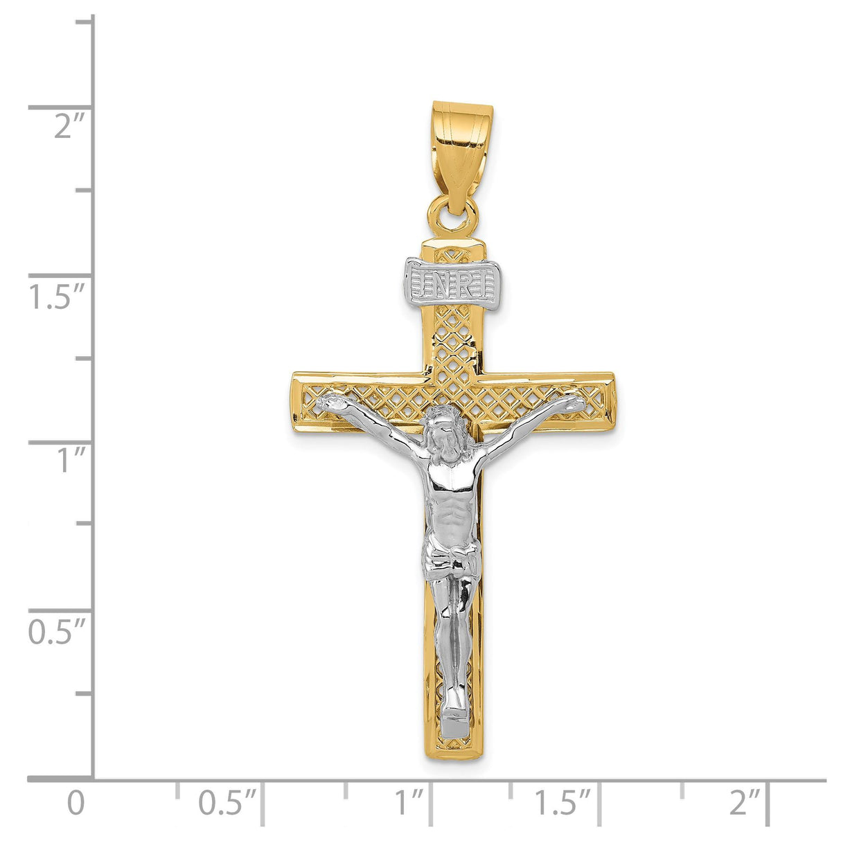 14k Two-Tone Gold Latin Crucifix Pendant with INRI, Textured Christian Cross Charm