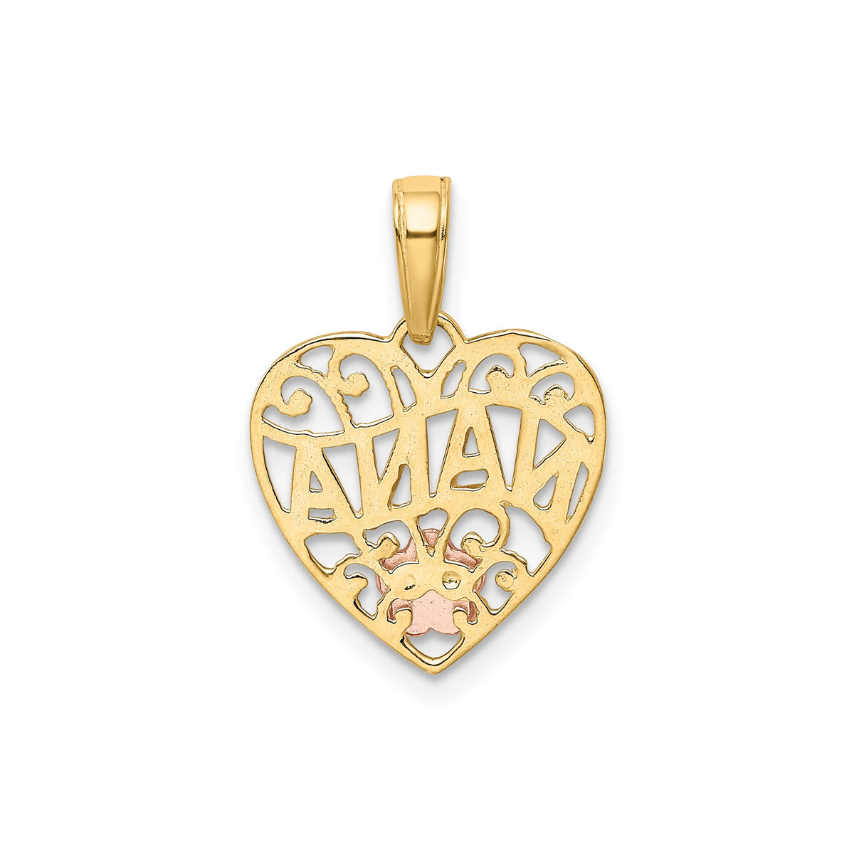 14k Two-Tone Gold Nana Heart Pendant with Rose Gold Flower and Filigree Scrollwork
