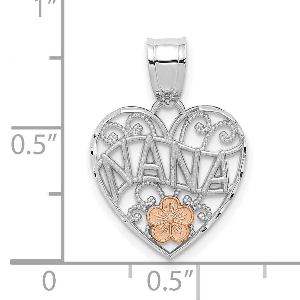 14k Two-Tone Gold Heart Pendant with Rose Accent, Filigree and Floral Design for Women
