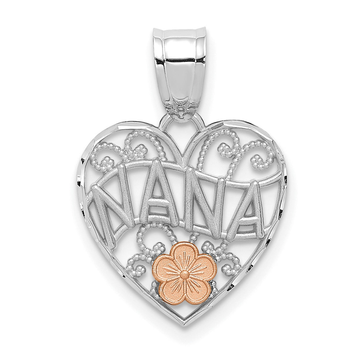 14k Two-Tone Gold Heart Pendant with Rose Accent, Filigree and Floral Design for Women