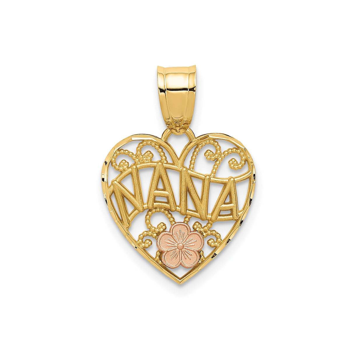 14k Two-Tone Gold Nana Heart Pendant with Rose Gold Flower and Filigree Scrollwork