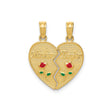 14k Yellow Gold Heart Split Pendant with Mother Daughter Design and Enamel Roses