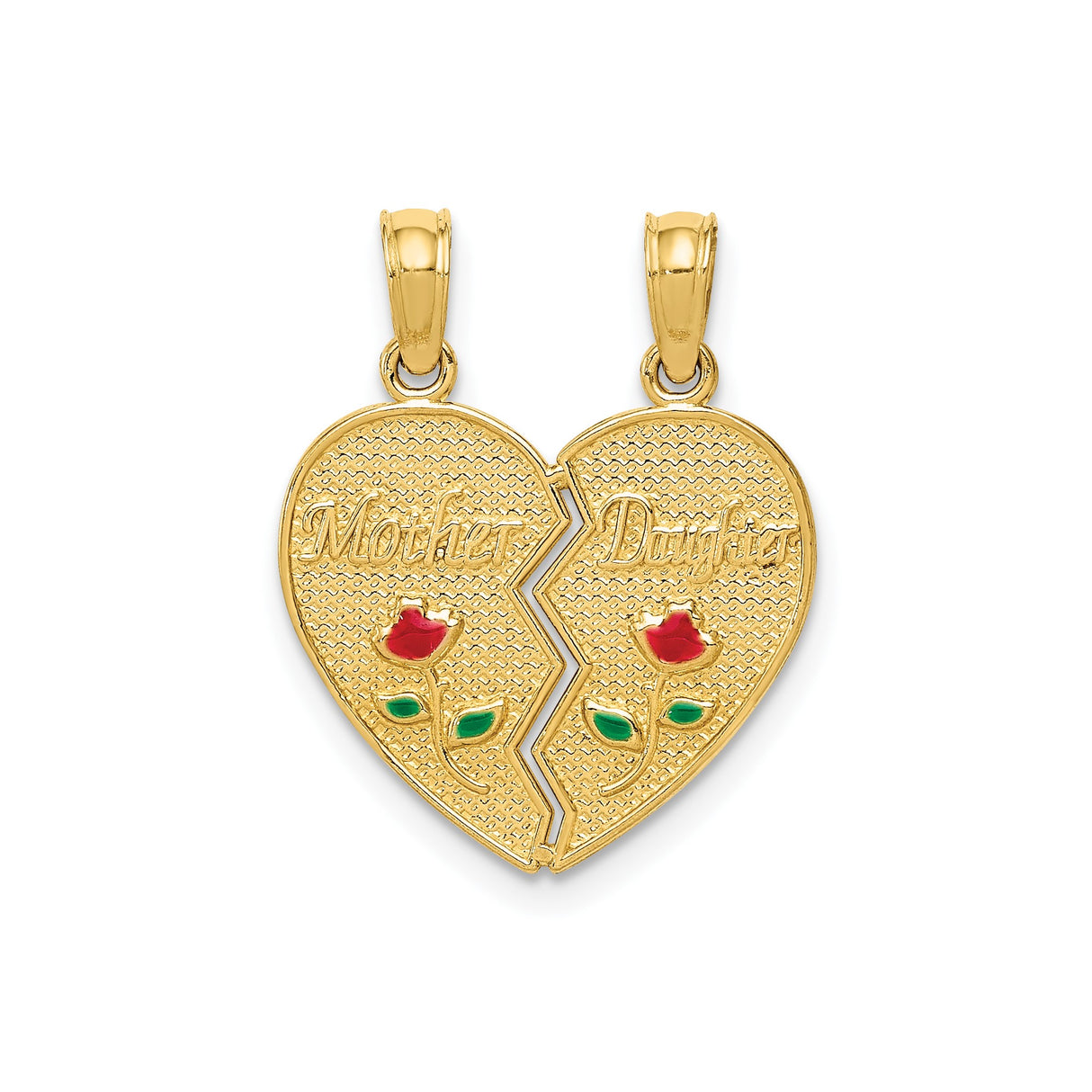 14k Yellow Gold Heart Split Pendant with Mother Daughter Design and Enamel Roses