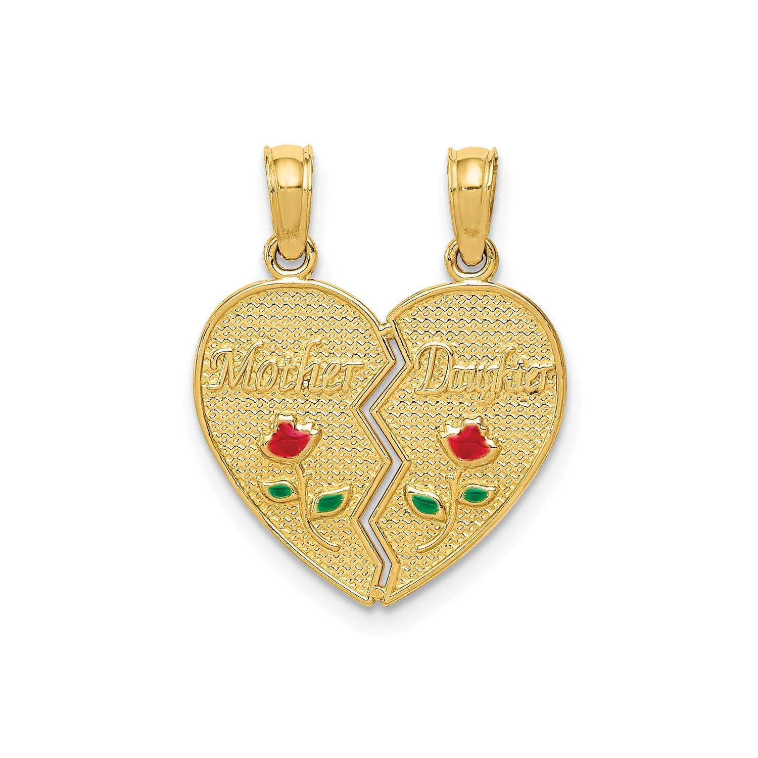 14k Yellow Gold Heart Split Pendant with Mother Daughter Design and Enamel Roses