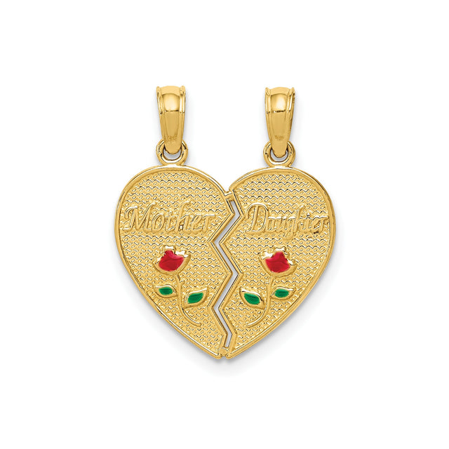 14k Yellow Gold Heart Split Pendant with Mother Daughter Design and Enamel Roses