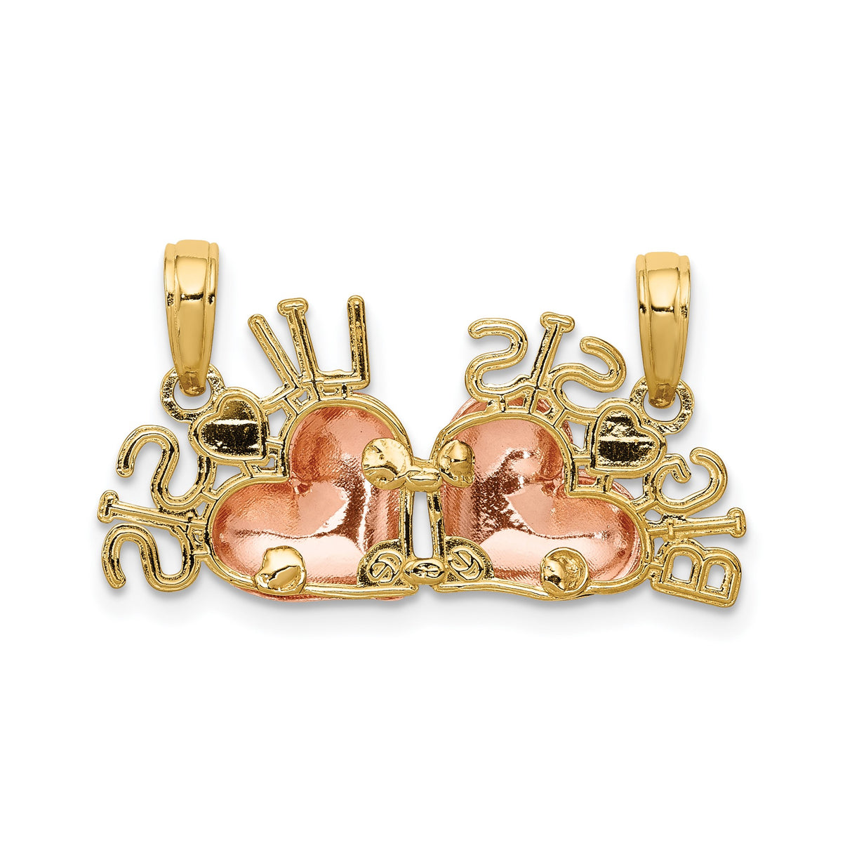 14k Two-Tone Gold Heart Pendant with Big Sis Lil Sis Engraving, Connected Rose and White Gold Hearts