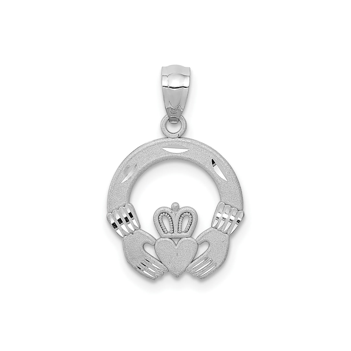 14k White Gold Claddagh Heart Pendant with Crowned Hands, Celtic Symbol of Love and Friendship