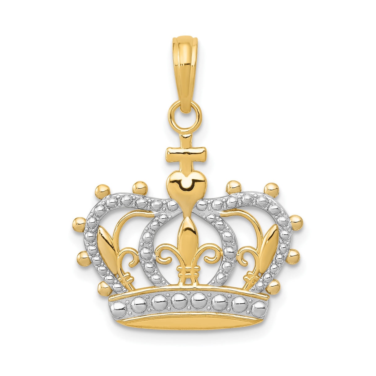 14k Multi-Tone Gold Crown Pendant with Fleur-de-Lis and Cross Symbols, Christian Jewelry for Women