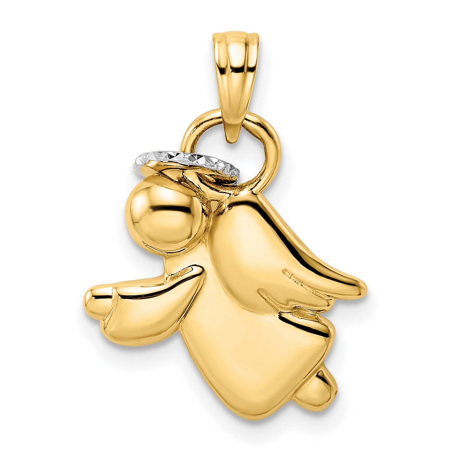 14k Yellow Gold and Rhodium Angel Pendant with Polished Finish and Halo Design