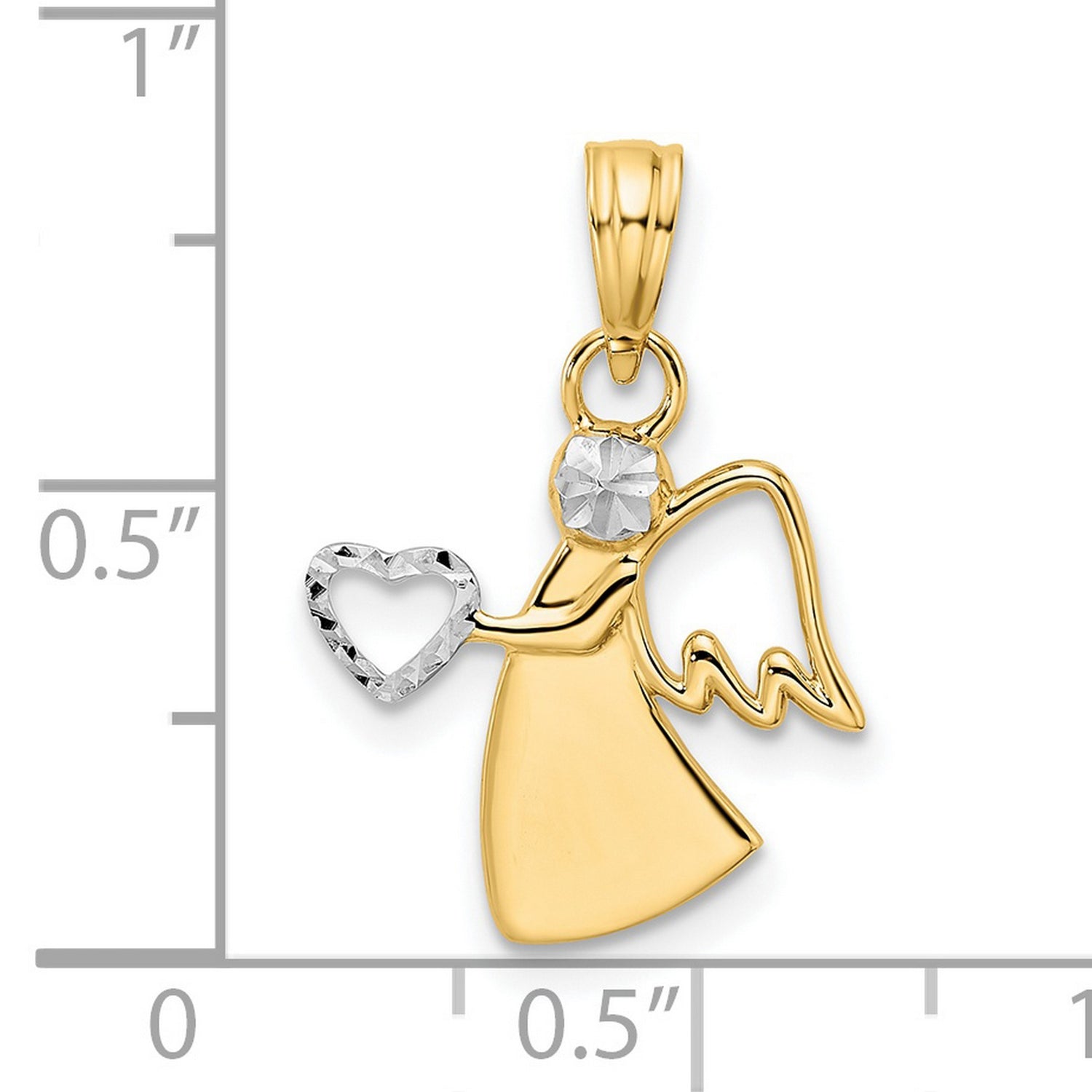 14k Multi-Tone Gold Angel Pendant with Rhodium Heart, Christian Spiritual Jewelry for Women