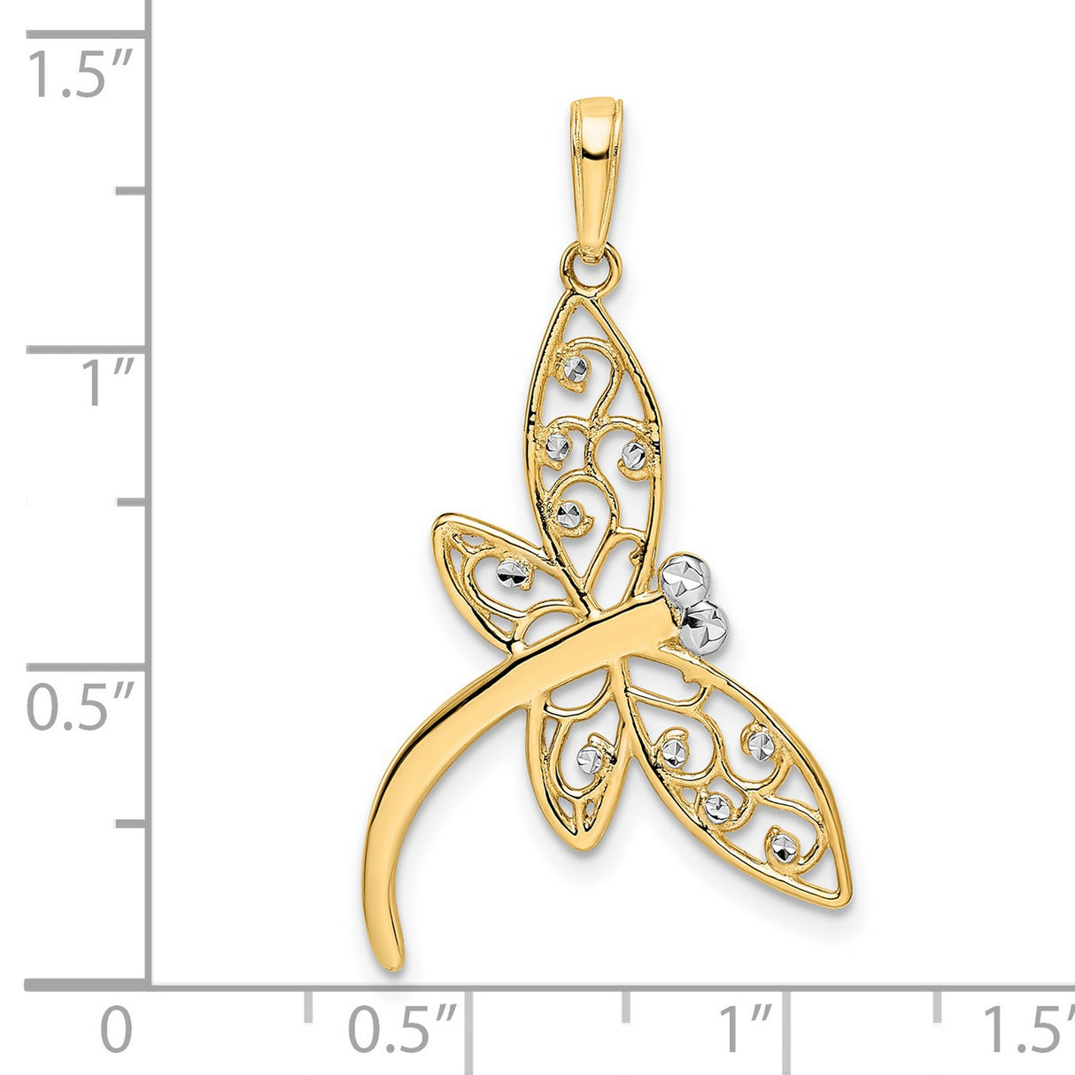 14k Multi-Tone Gold Dragonfly Pendant with Rhodium Accents and Filigree Wings