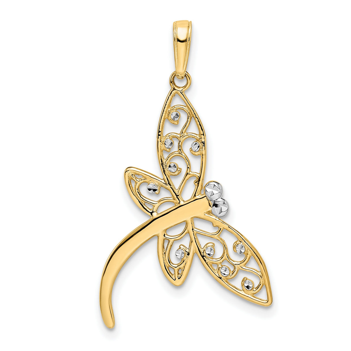 14k Multi-Tone Gold Dragonfly Pendant with Rhodium Accents and Filigree Wings