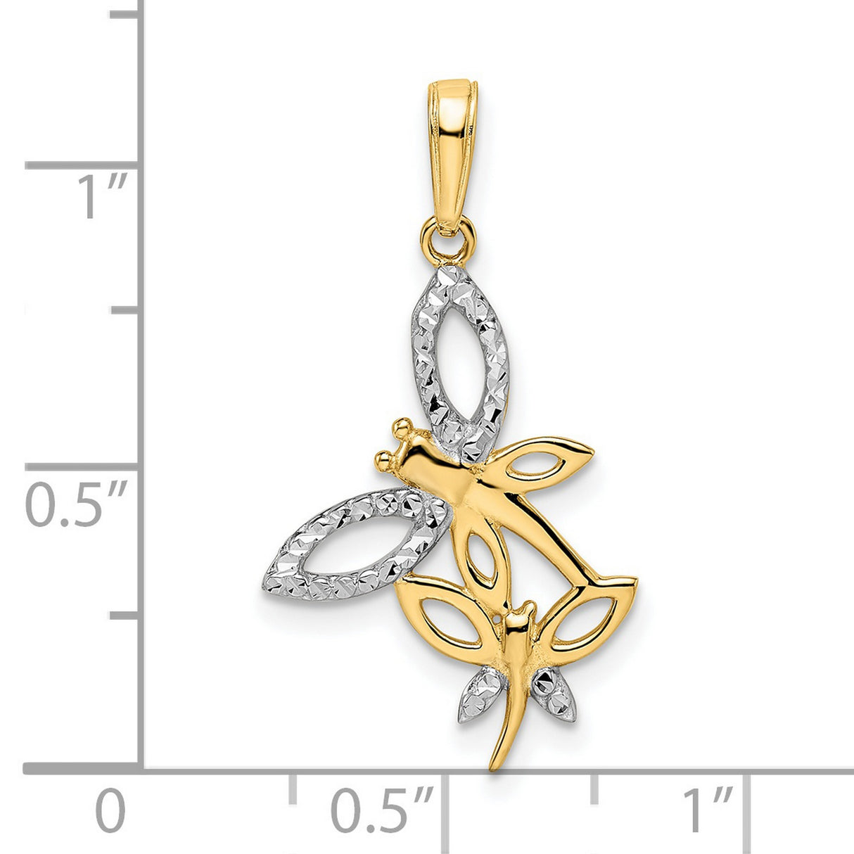 14k Two-Tone Gold Dragonfly Pendant with Open Marquise Wing Design and Rhodium Detail
