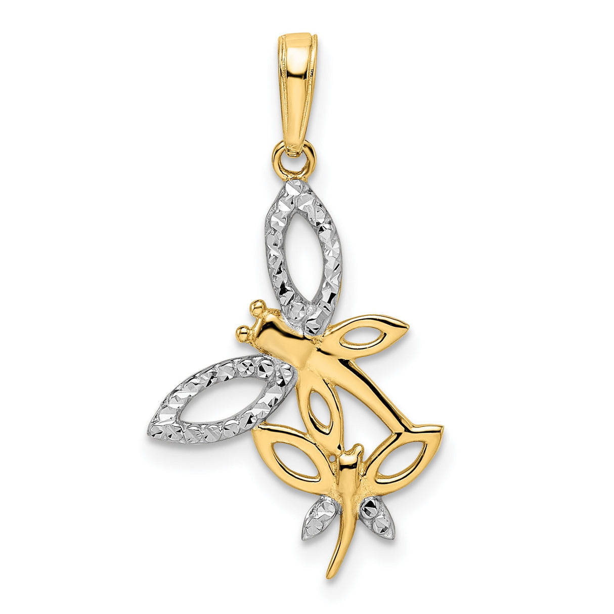 14k Two-Tone Gold Dragonfly Pendant with Open Marquise Wing Design and Rhodium Detail