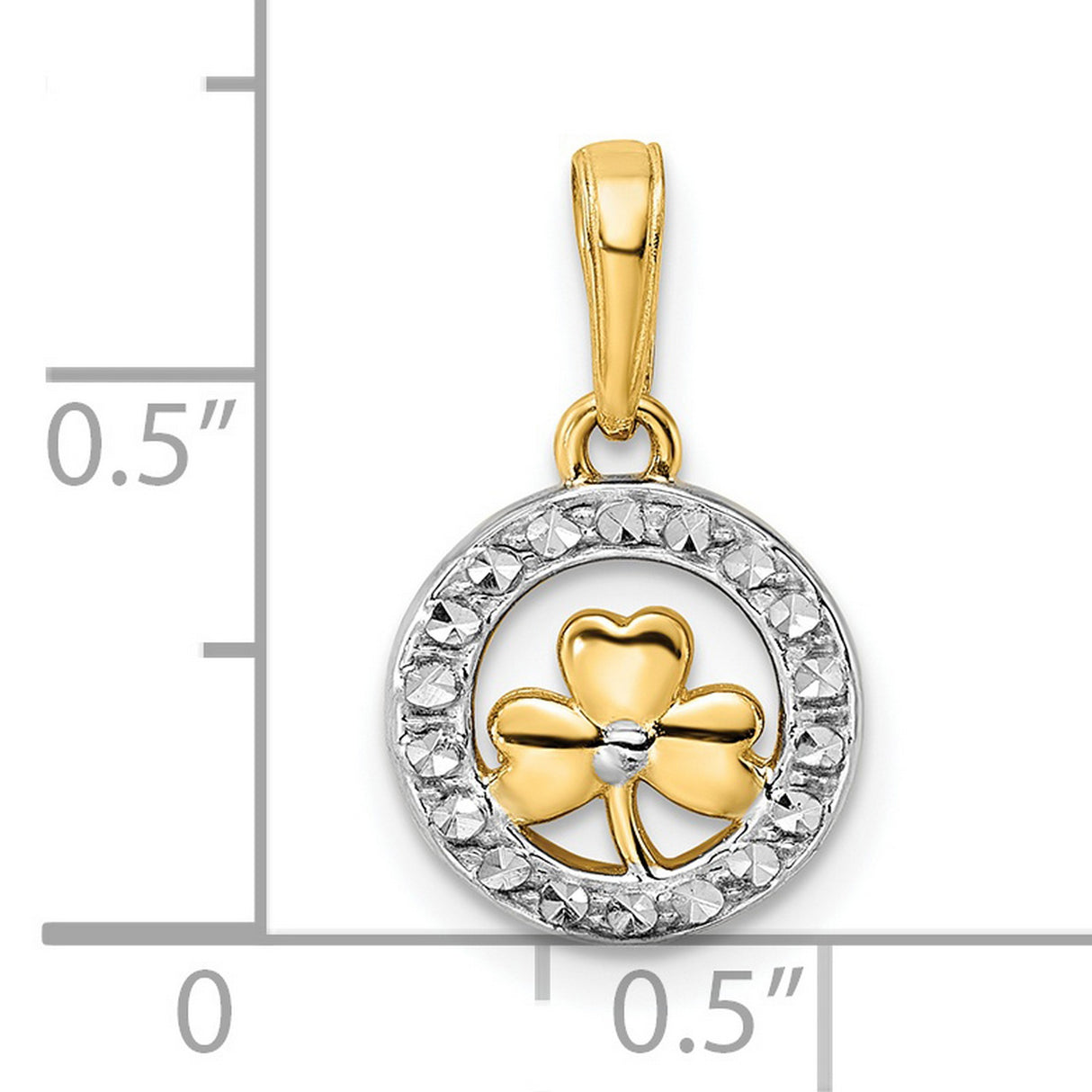 14k Two-Tone Gold Shamrock Pendant with Heart Shaped Clover in Diamond Cut Circle
