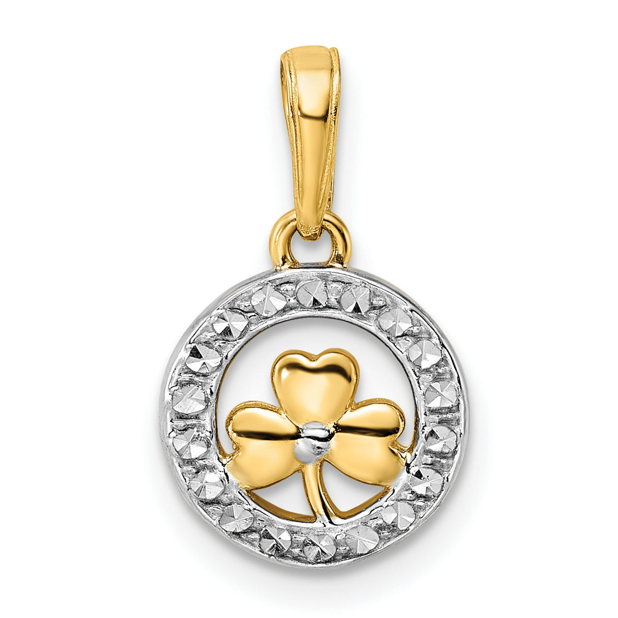 14k Two-Tone Gold Shamrock Pendant with Heart Shaped Clover in Diamond Cut Circle