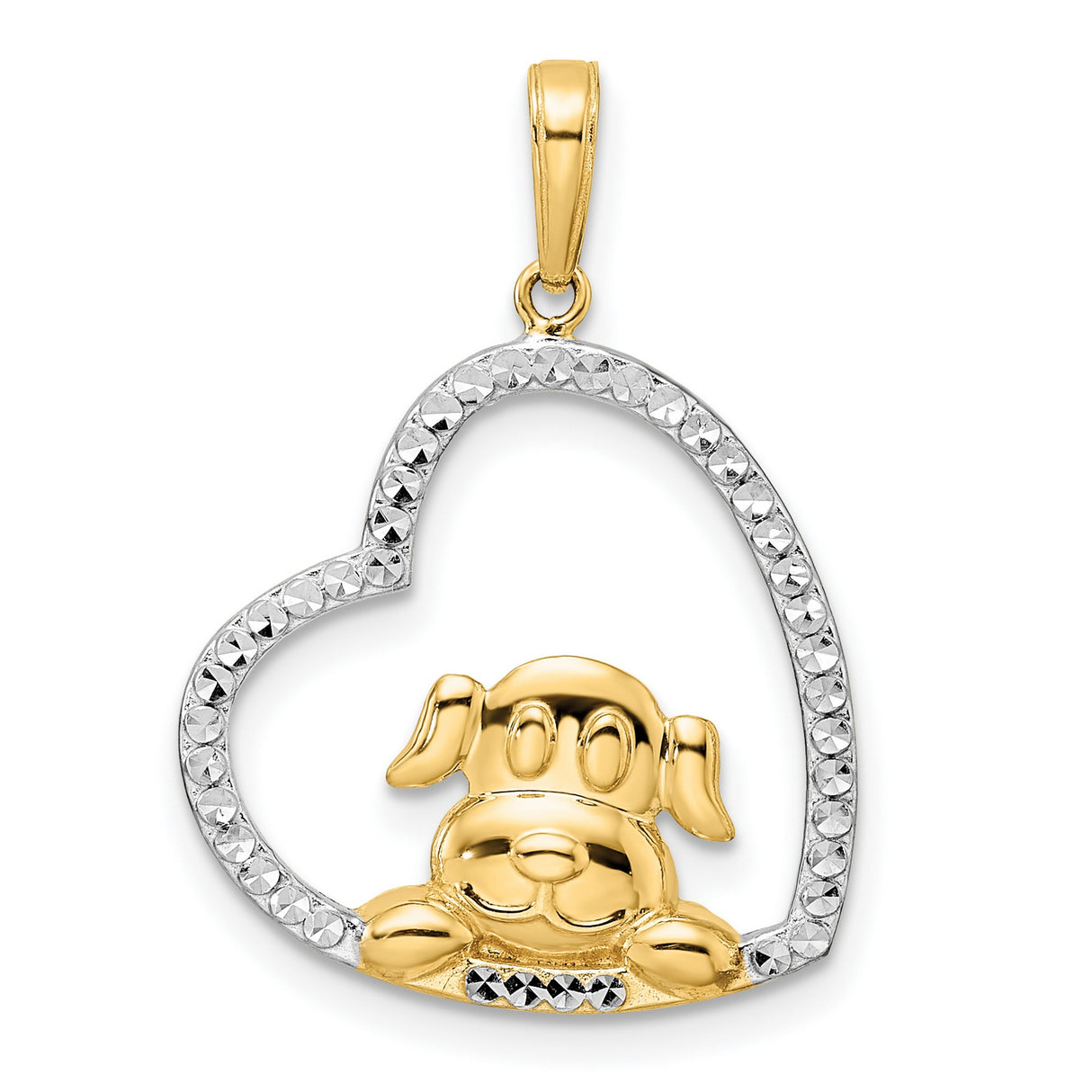 14k Two-Tone Gold Dog Pendant with Heart and Diamond Cut Rhodium Accents for Women
