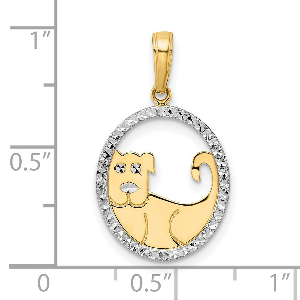 14k Yellow Gold and Rhodium Dog Pendant with Diamond-Cut Oval Frame