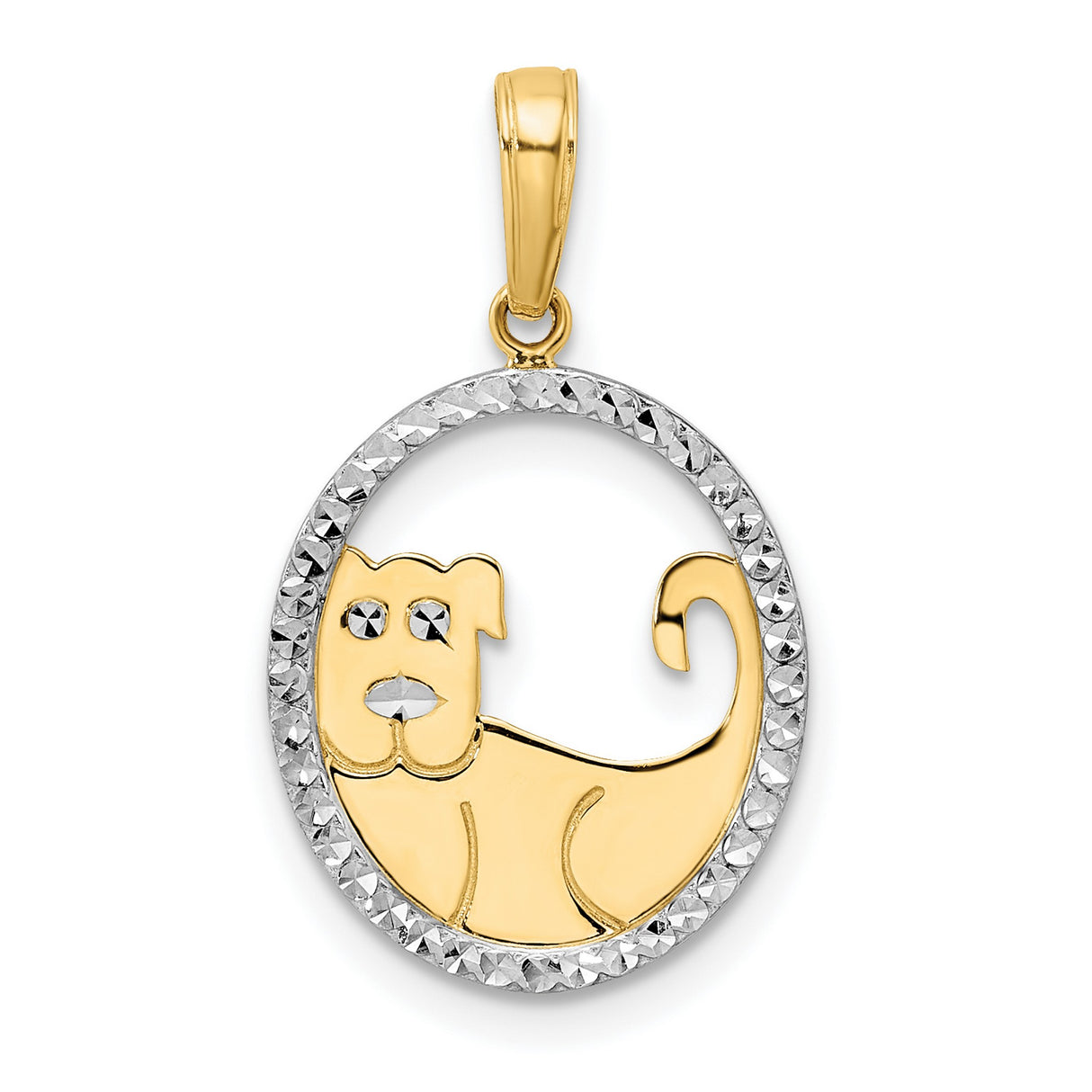 14k Yellow Gold and Rhodium Dog Pendant with Diamond-Cut Oval Frame