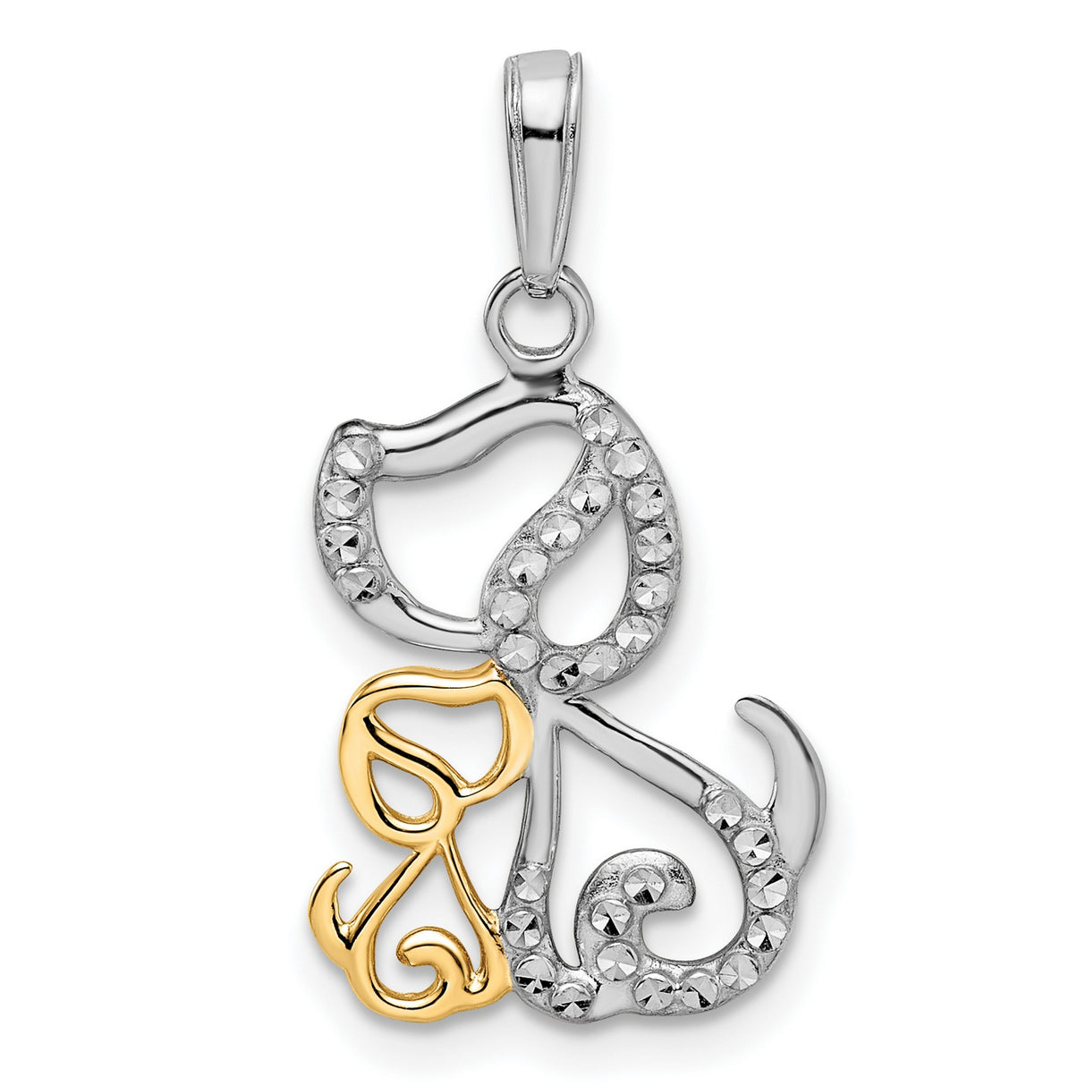 14k Multi-Tone Gold Cat and Kitten Pendant, Diamond Cut Outline Charm, Animal Motif for Women