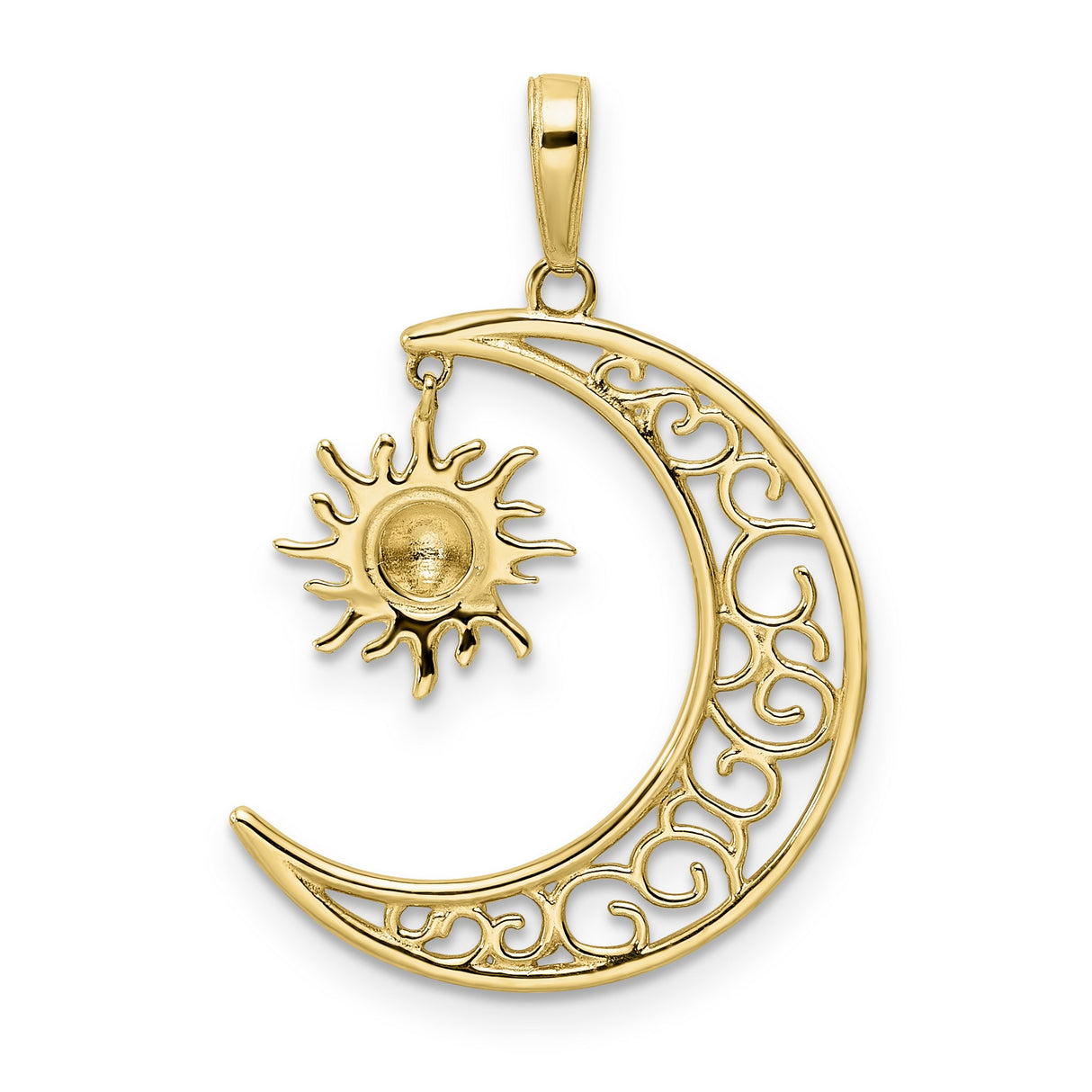 14k Multi-Tone Gold Sun and Moon Pendant with Filigree Crescent and Diamond Cut Sun