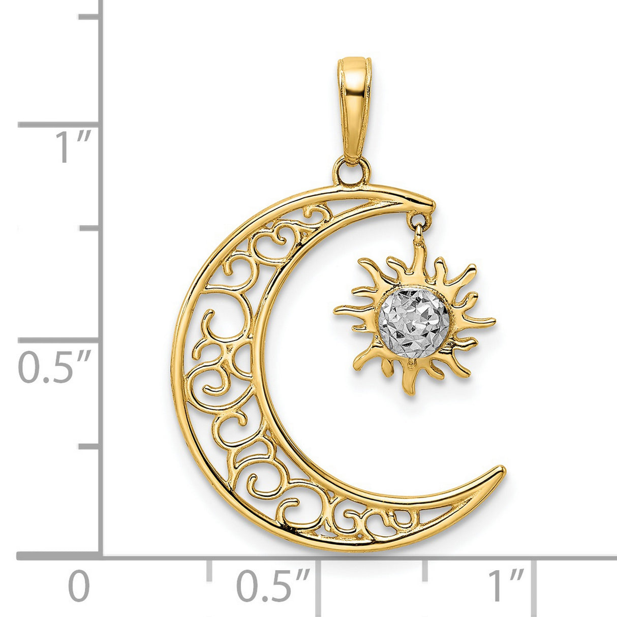 14k Multi-Tone Gold Sun and Moon Pendant with Filigree Crescent and Diamond Cut Sun