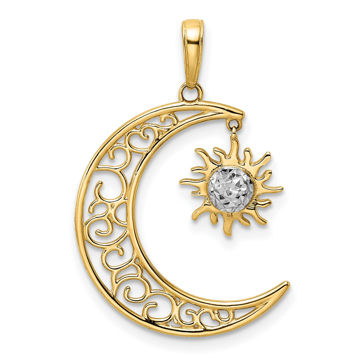 14k Multi-Tone Gold Sun and Moon Pendant with Filigree Crescent and Diamond Cut Sun