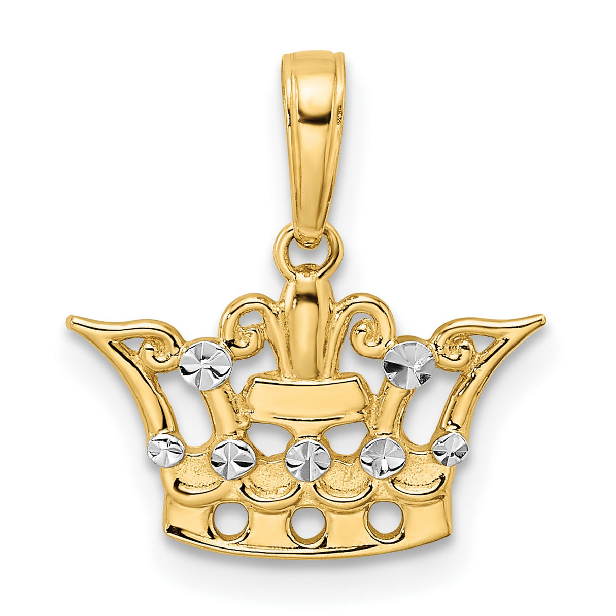 14k Yellow Gold and Rhodium Crown Pendant with Diamond Cut Accents, Regal Unisex Charm