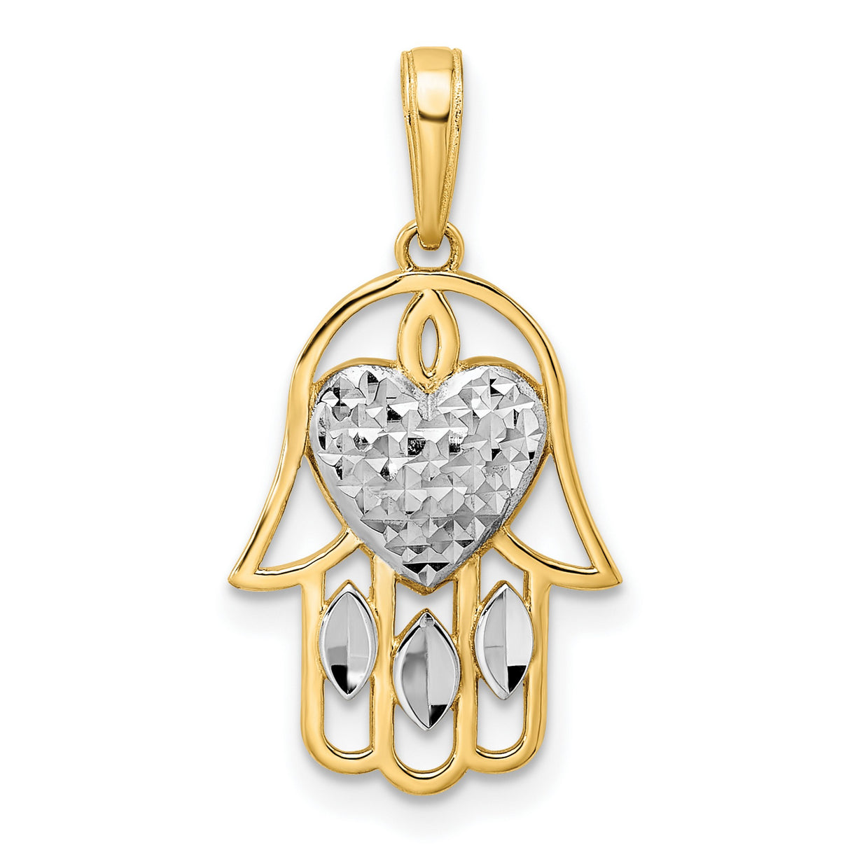 14k Multi-Tone Gold Hamsa Pendant with Textured Heart, Spiritual Hand Charm for Women