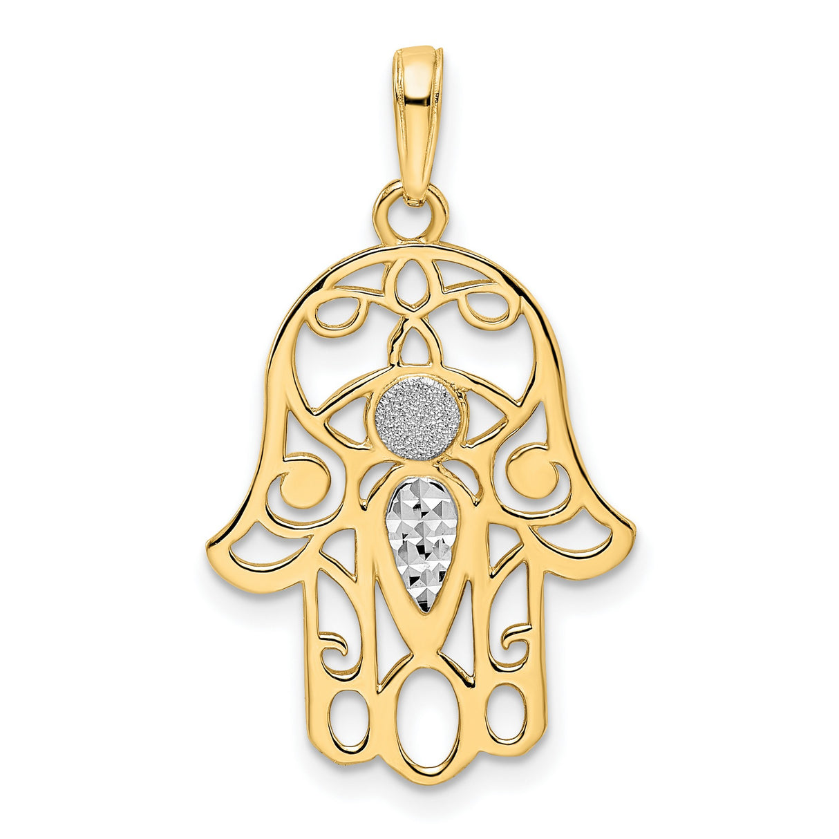14k Multi-Tone Gold Hamsa Hand Pendant, Openwork Textured Design, Spiritual Symbol of Protection