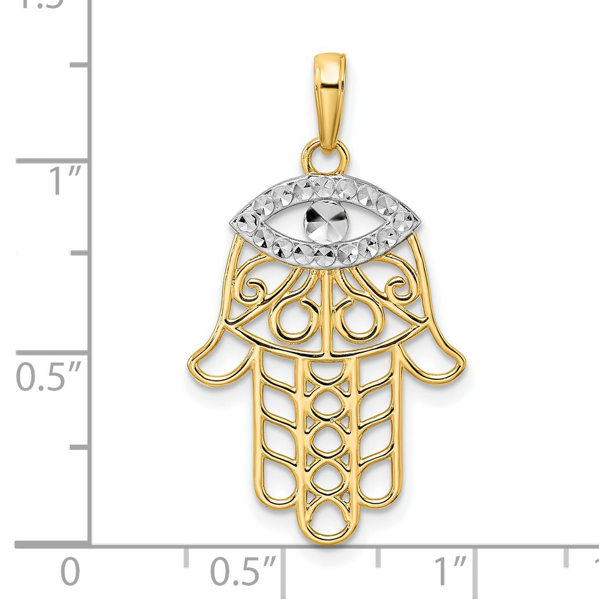 14k Multi-Tone Gold Hamsa Hand Pendant with Evil Eye Design, Filigree Protection Charm