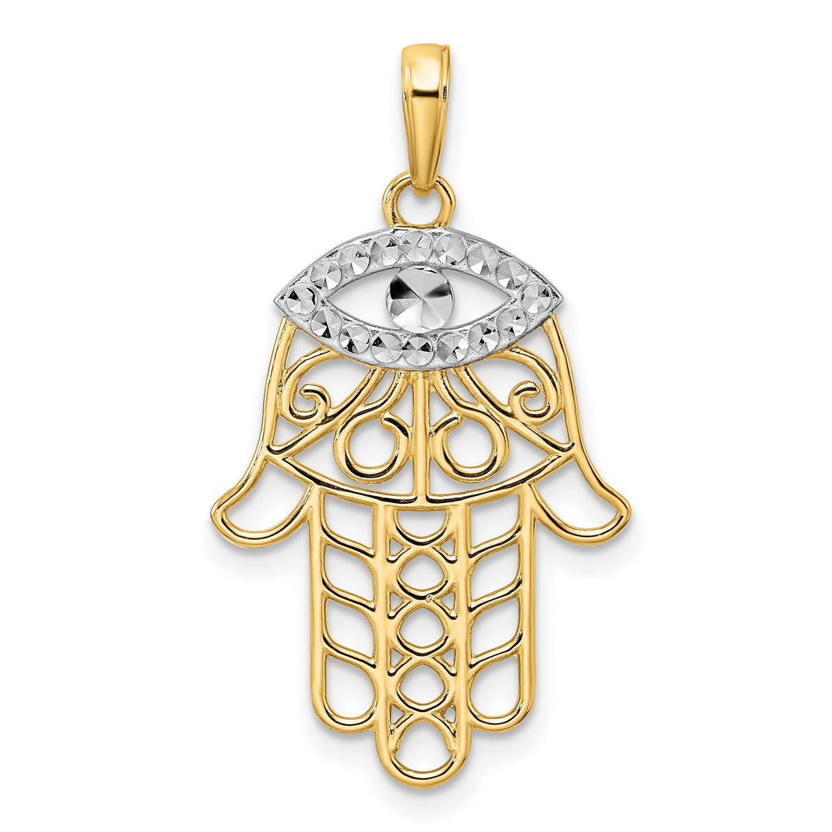 14k Multi-Tone Gold Hamsa Hand Pendant with Evil Eye Design, Filigree Protection Charm