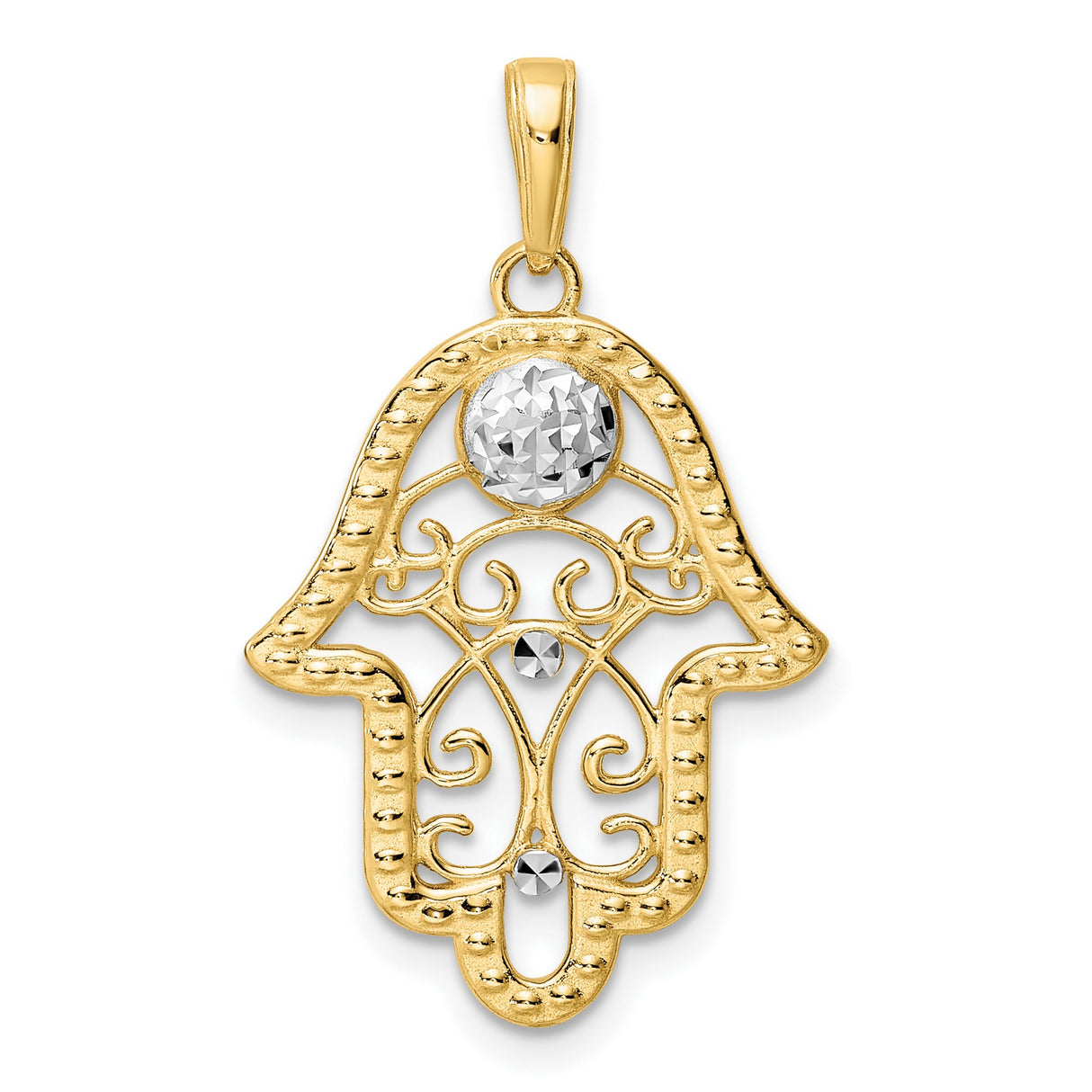 14k Multi-Tone Gold Hamsa Hand Pendant, Diamond-Cut Filigree, Spiritual Protection Charm