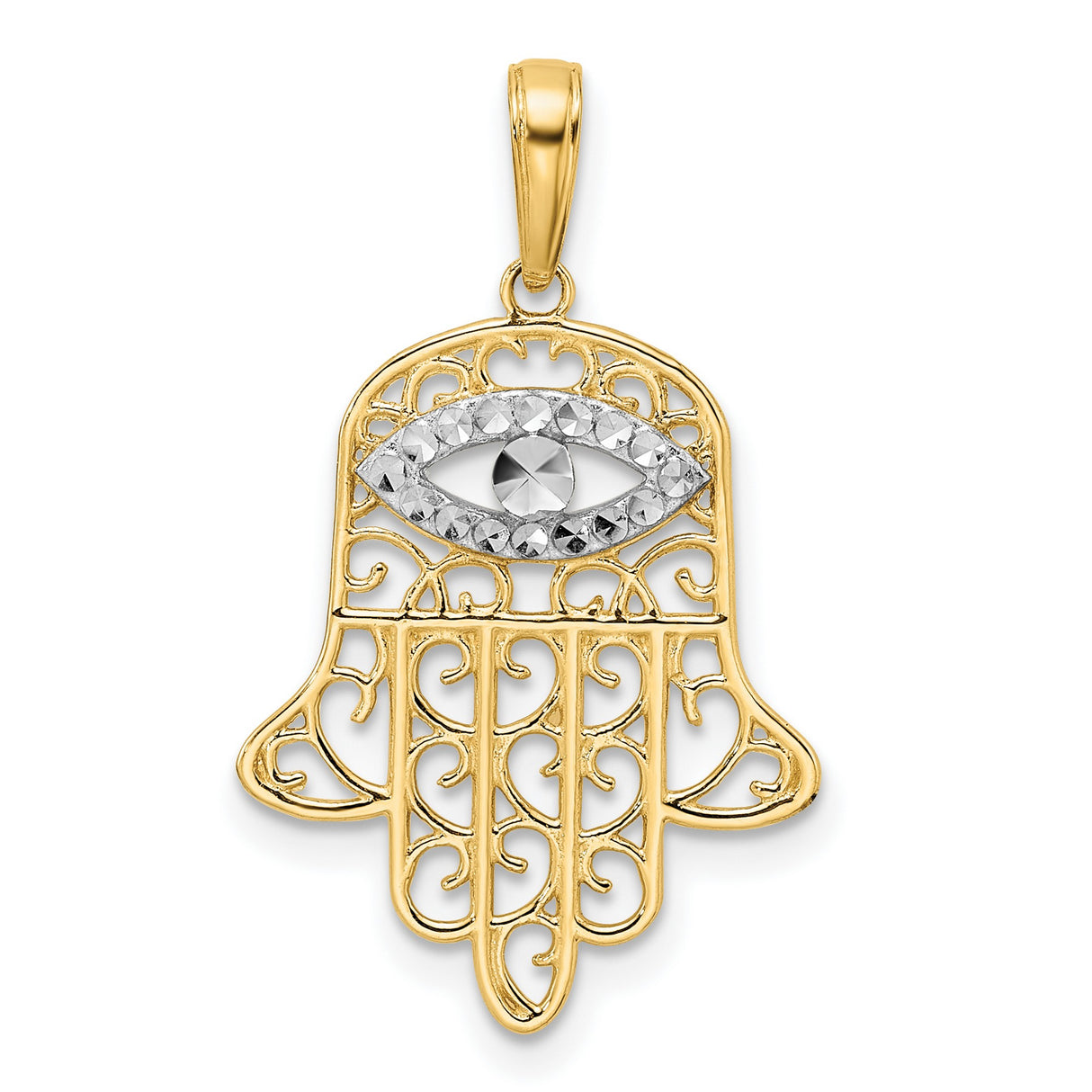 14k Multi-Tone Gold Hamsa Pendant with Evil Eye Symbol, Filigree Spiritual Amulet