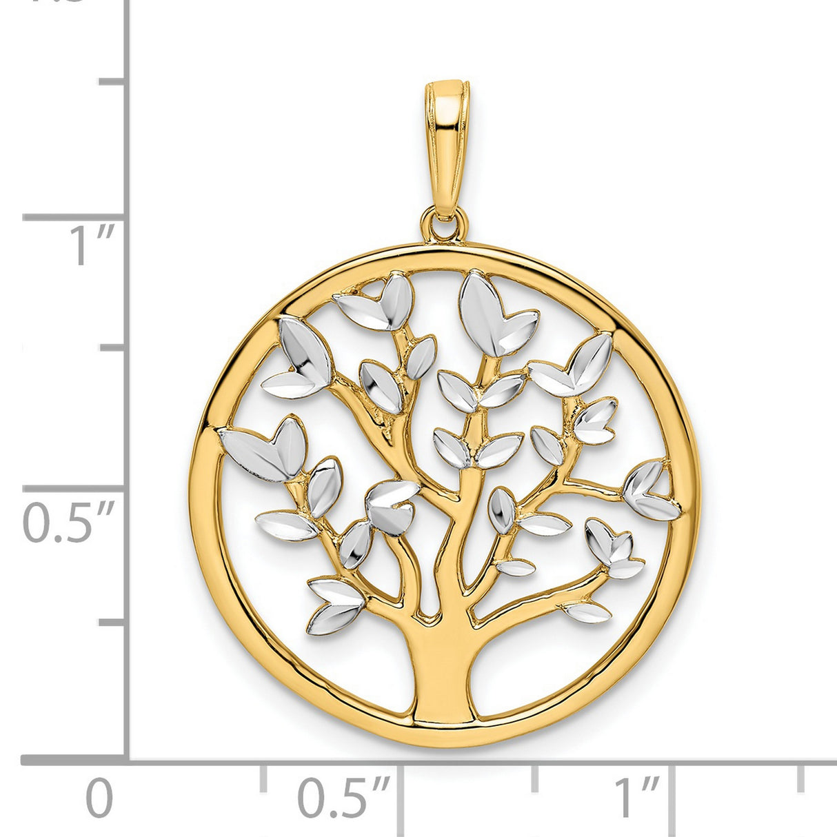 14k Yellow and Rhodium Gold Tree of Life Pendant, Two-Tone Round Charm for Women