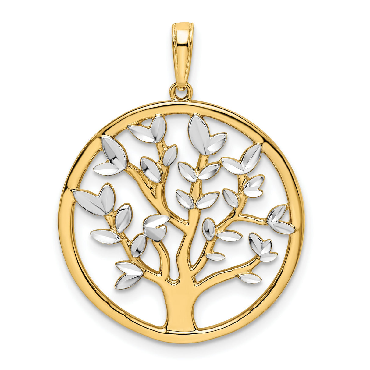 14k Yellow and Rhodium Gold Tree of Life Pendant, Two-Tone Round Charm for Women