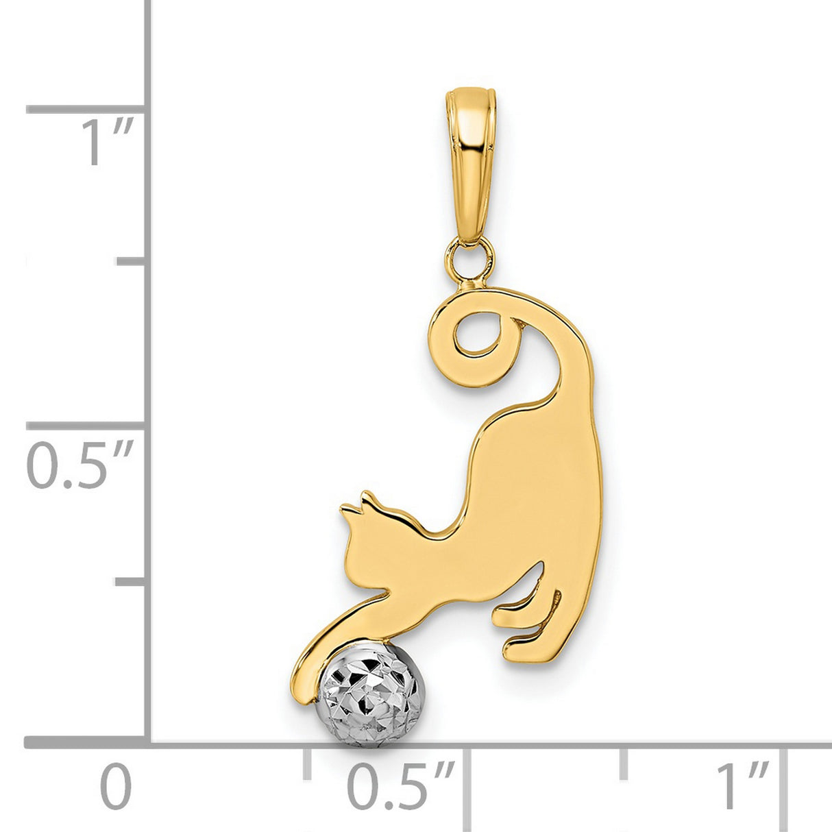 14k Multi-Tone Gold Cat Pendant with Textured Rhodium Ball, Playful Feline Charm