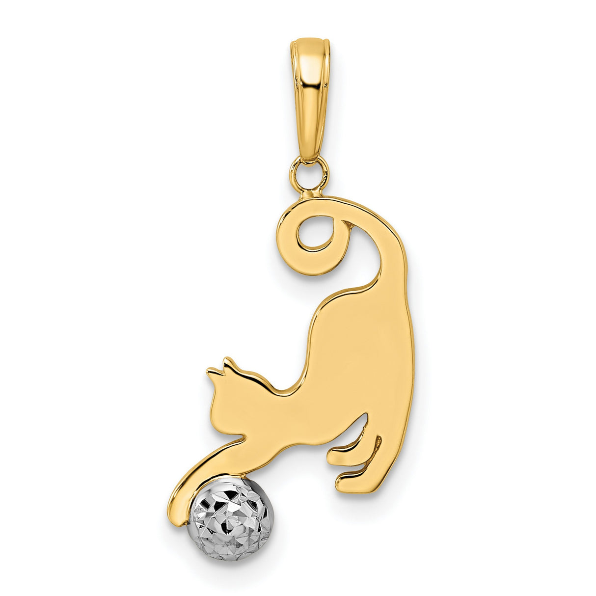 14k Multi-Tone Gold Cat Pendant with Textured Rhodium Ball, Playful Feline Charm