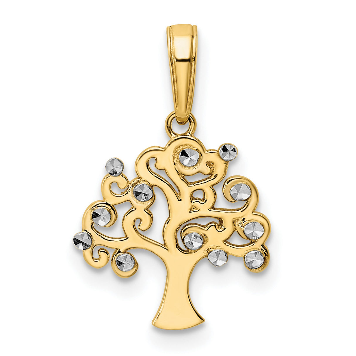 14k Multi-Tone Gold Tree of Life Pendant with Rhodium Filigree and Diamond Cut Accents