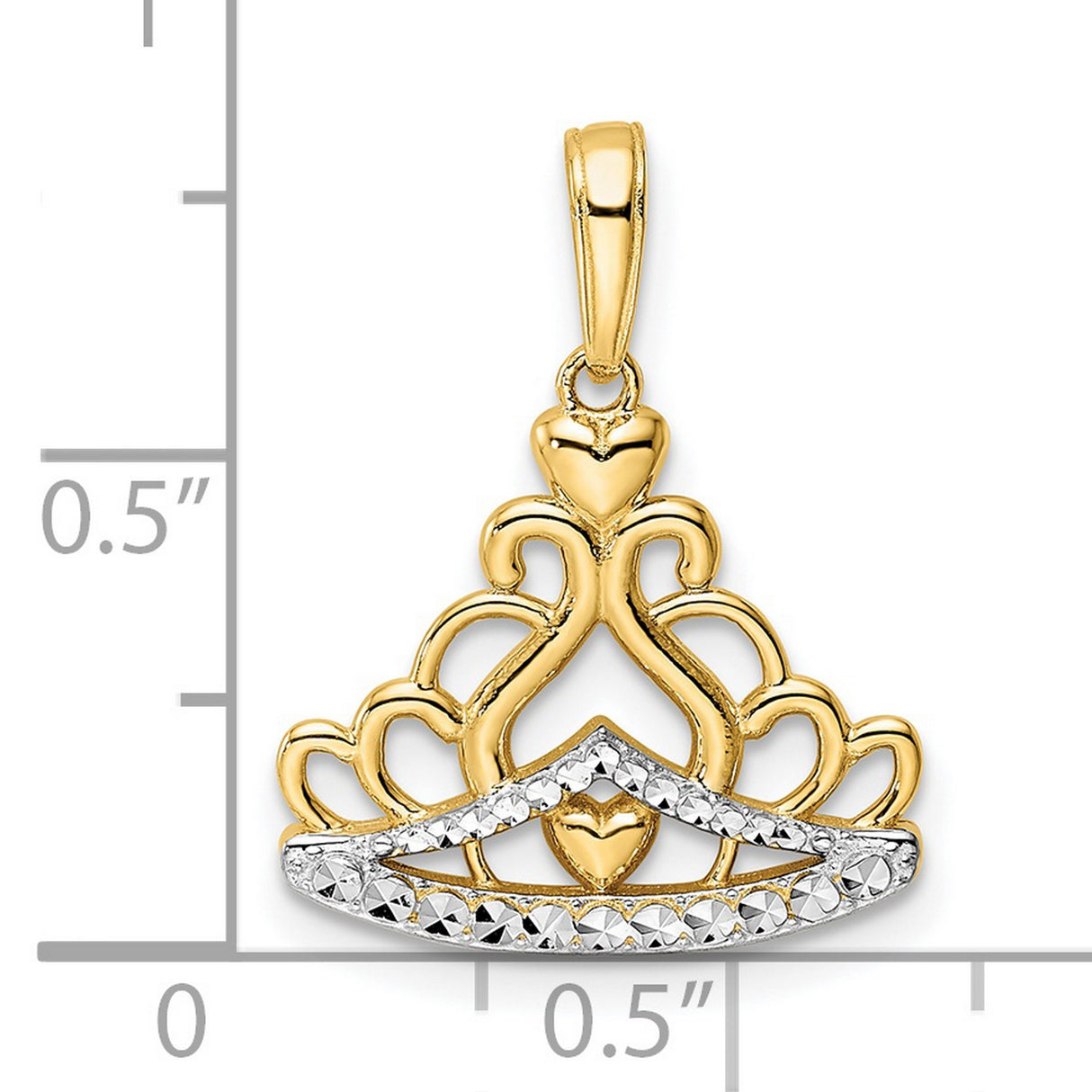 14k Multi-Tone Gold Heart Crown Pendant with Diamond-Cut Detailing, Openwork Tiara Design
