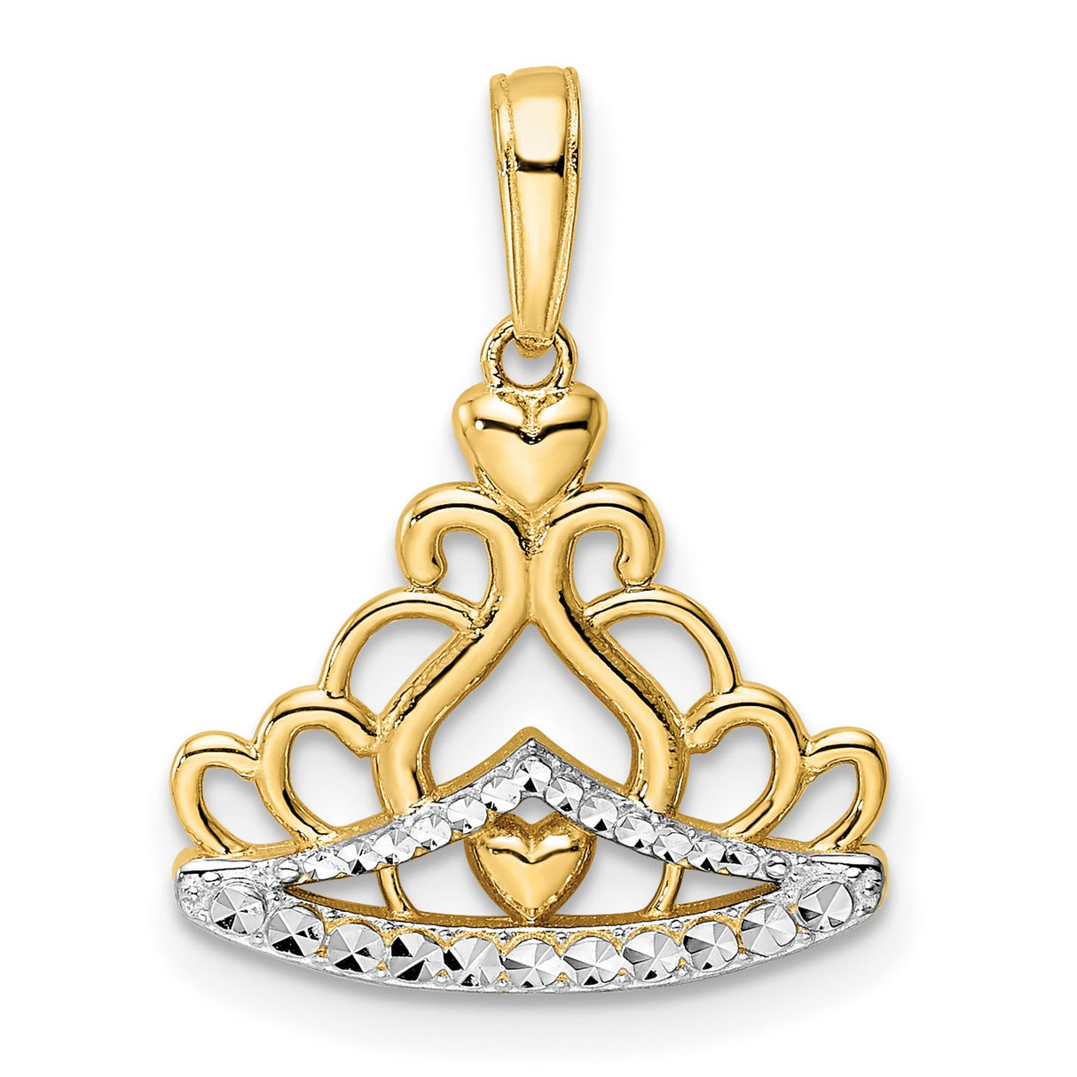 14k Multi-Tone Gold Heart Crown Pendant with Diamond-Cut Detailing, Openwork Tiara Design