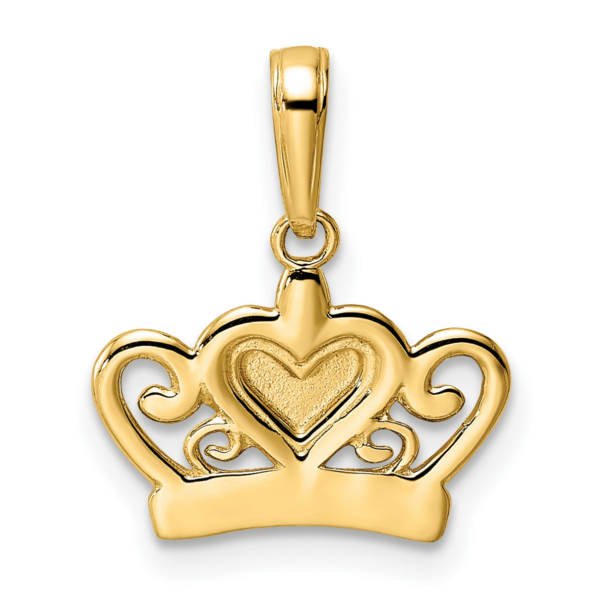 14k Two-Tone Gold Crown Pendant with Diamond-Cut Heart Design, Romantic Style for Women