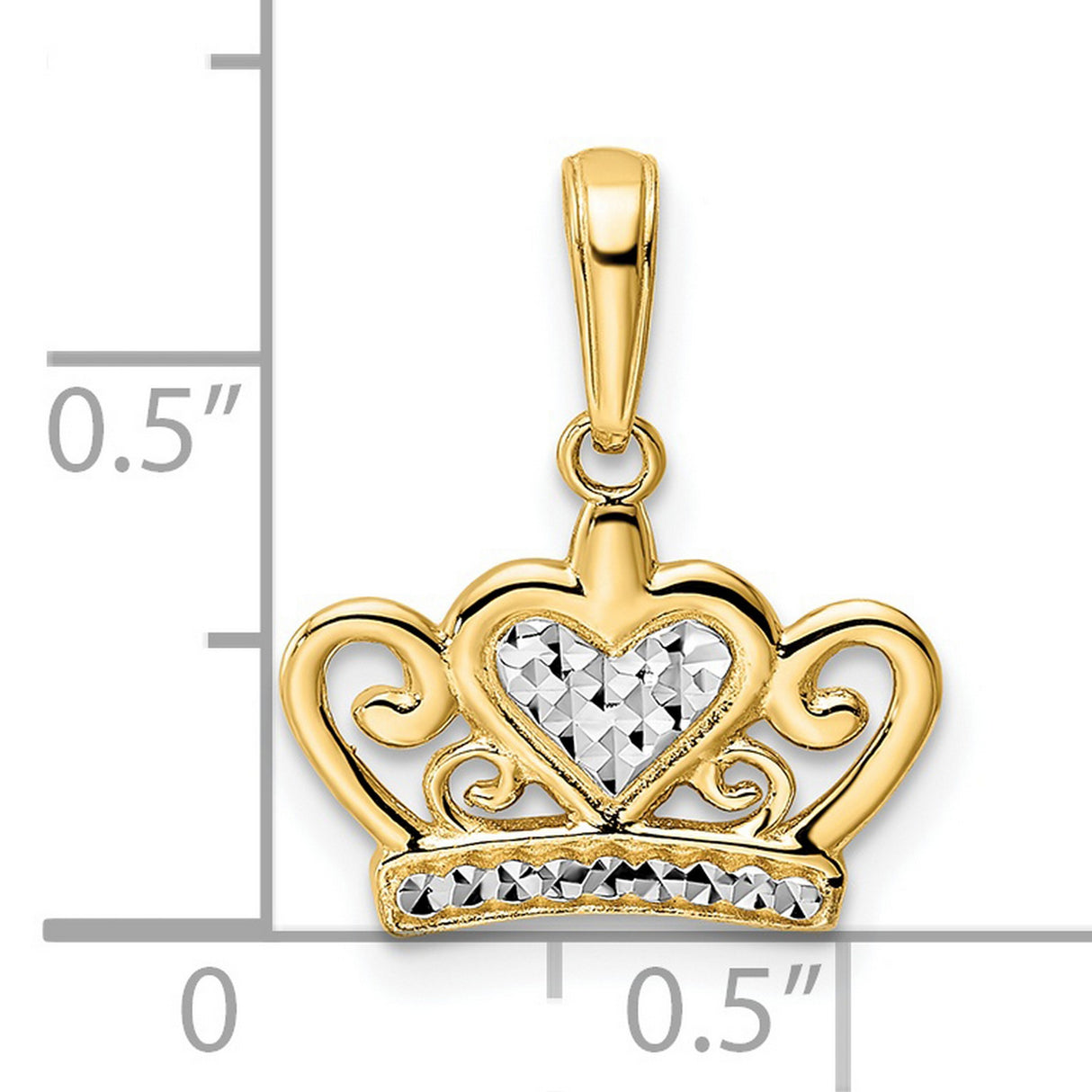 14k Two-Tone Gold Crown Pendant with Diamond-Cut Heart Design, Romantic Style for Women
