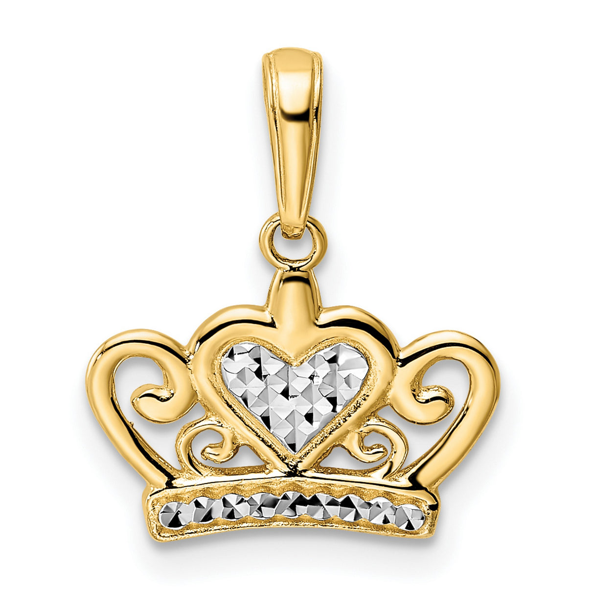 14k Two-Tone Gold Crown Pendant with Diamond-Cut Heart Design, Romantic Style for Women