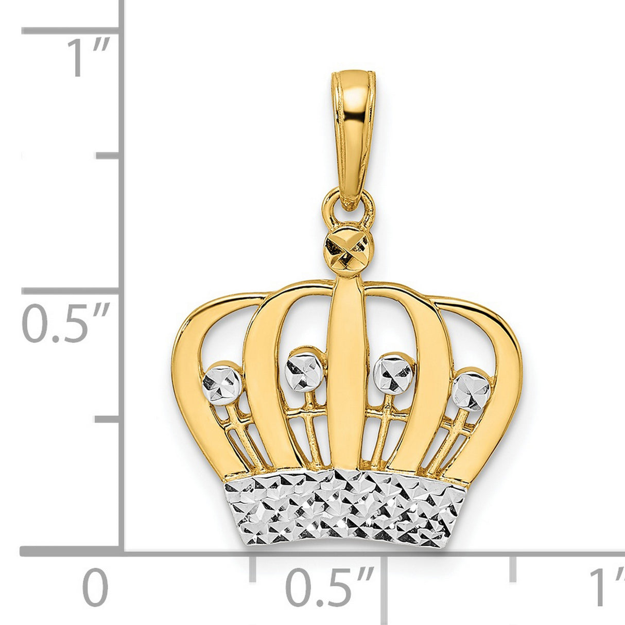 14k Yellow Gold Two-Tone Crown Pendant with Rhodium Detail, Diamond Cut Regal Charm