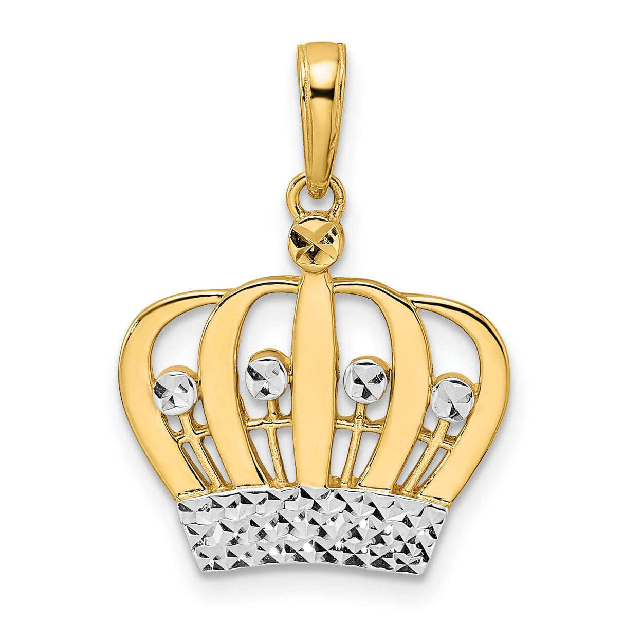 14k Yellow Gold Two-Tone Crown Pendant with Rhodium Detail, Diamond Cut Regal Charm