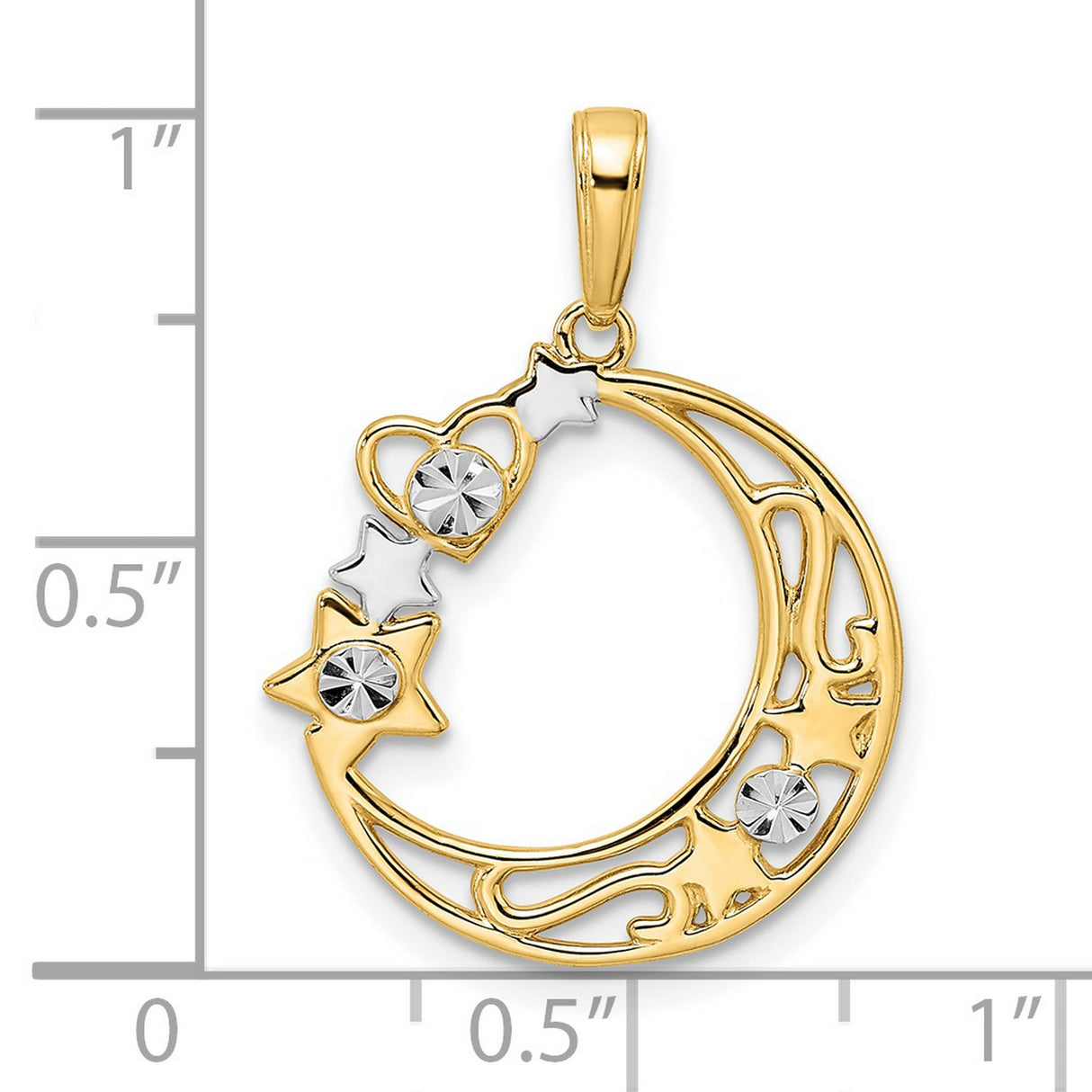 14k Multi-Tone Gold Crescent Moon Pendant with Star and Heart Accents, Celestial Style for Women