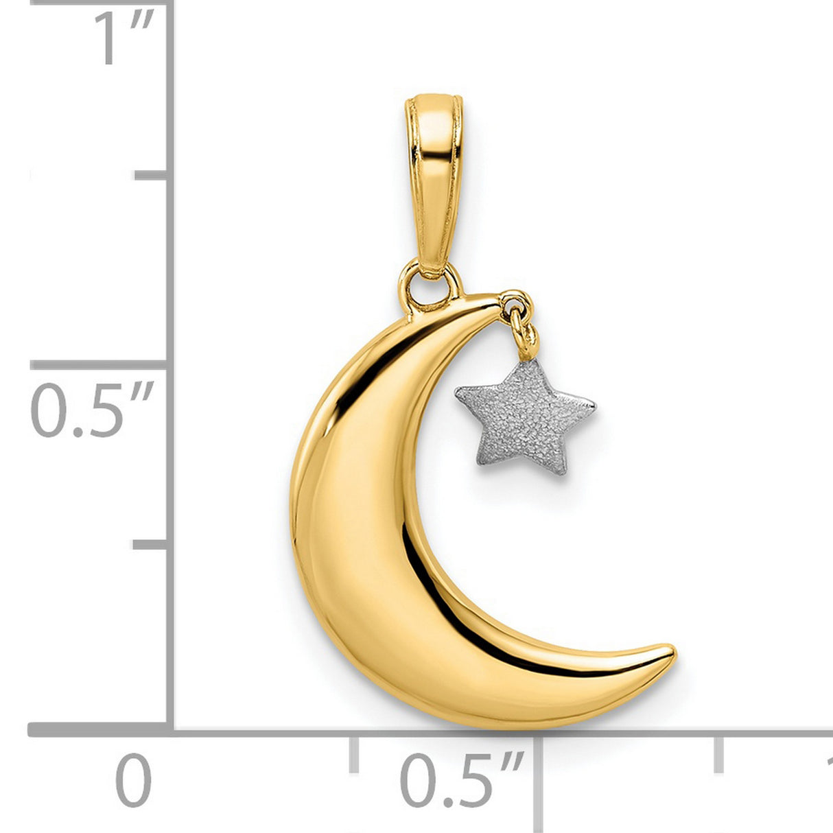 14k Multi-Tone Gold Moon and Star Pendant, Rhodium Textured Celestial Charm for Women